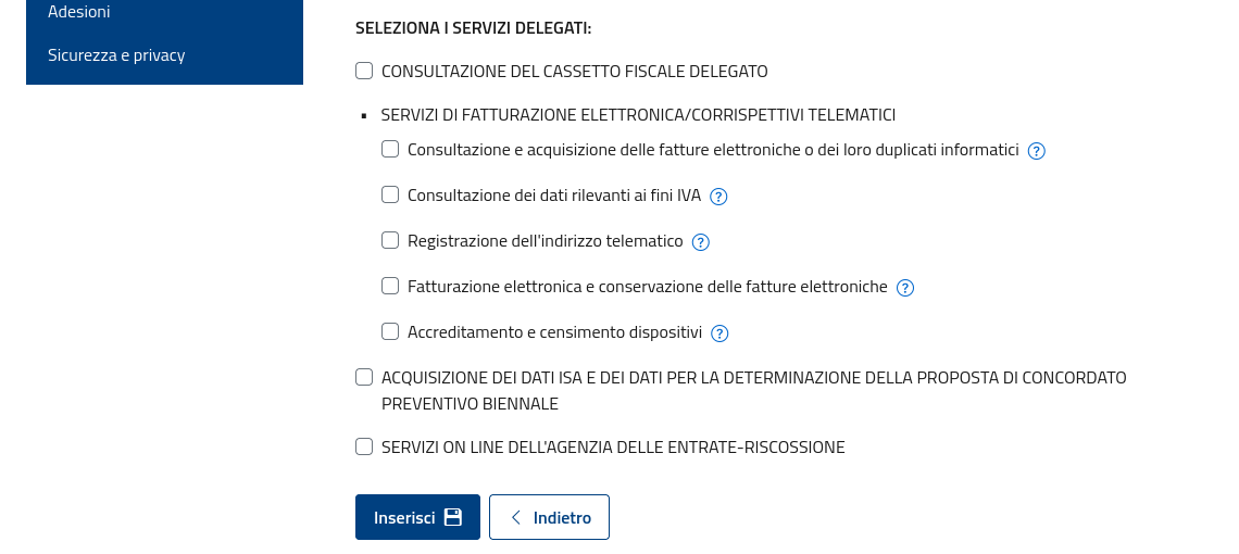 Selezione dei servizi da delegare