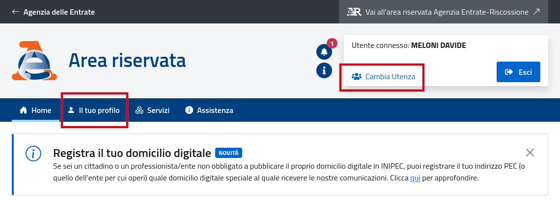 Sezione Il tuo profilo sul portale dell'Agenzia delle Entrate