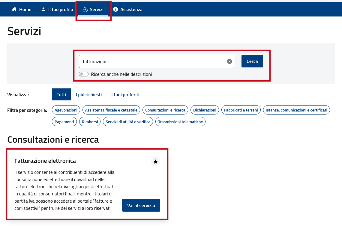 Ricerca del servizio Fatturazione Elettronica sul portale dell'Agenzia delle Entrate