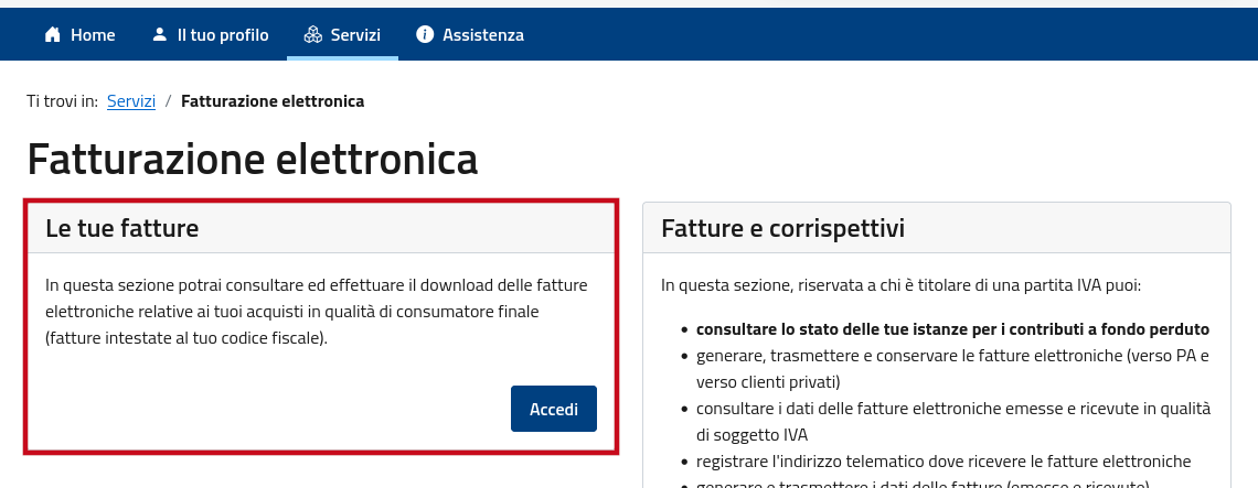 Scelta della sezione opportuna per la consultazione delle fatture elettroniche per privati