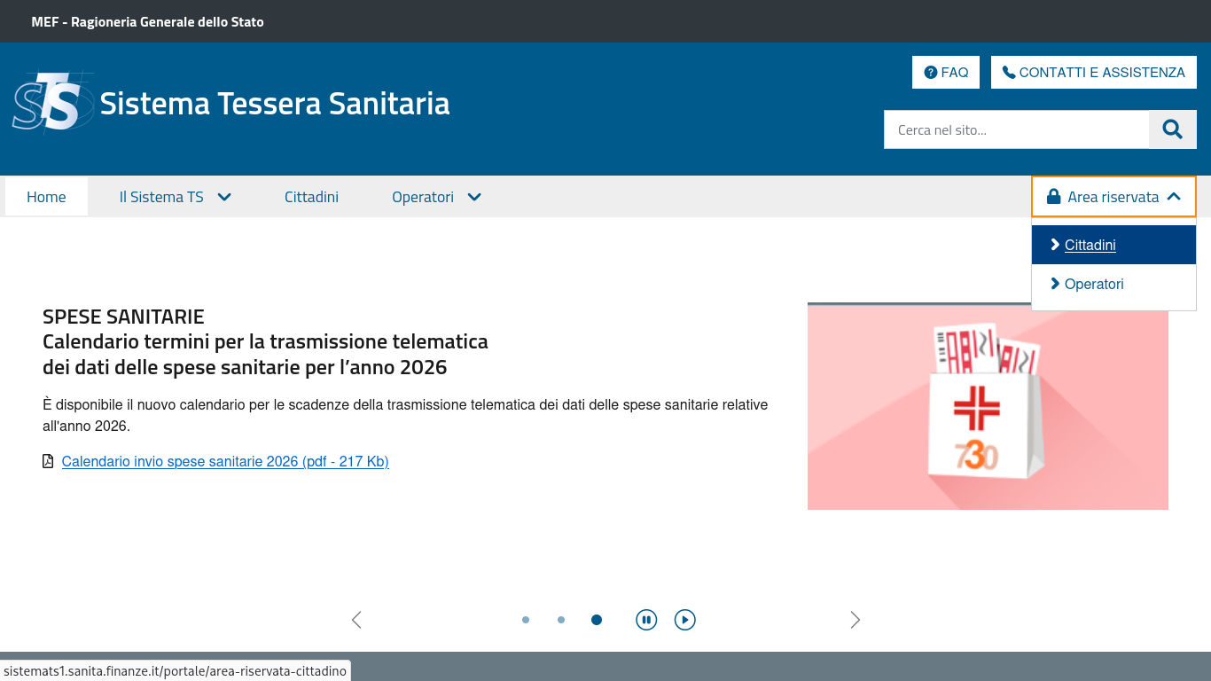 Home Page del portale del Sistema Tessera Sanitaria