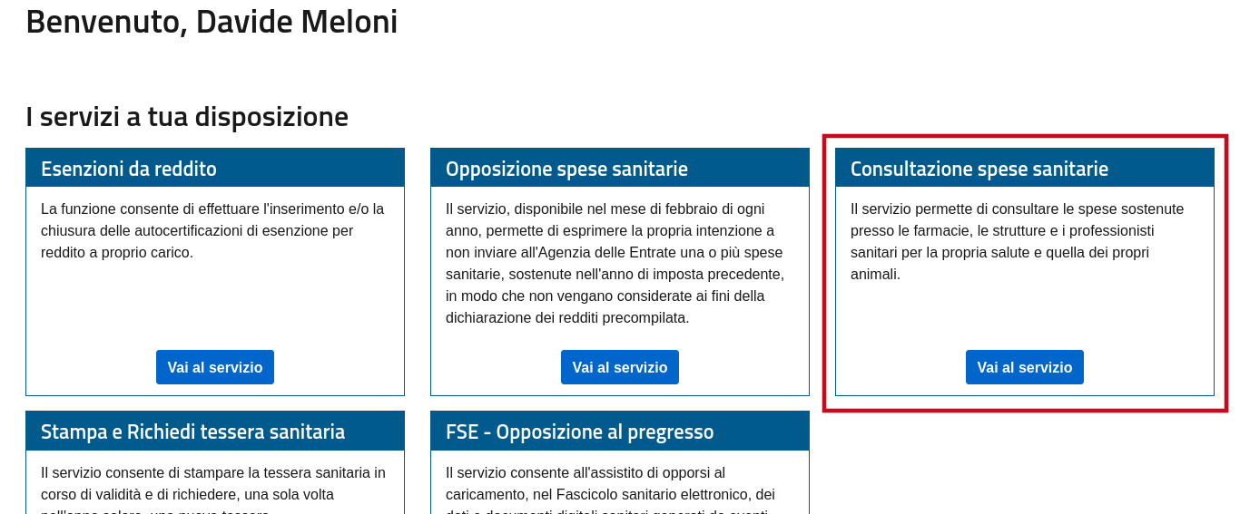 Selezione della sezione Consultazione spese sanitarie