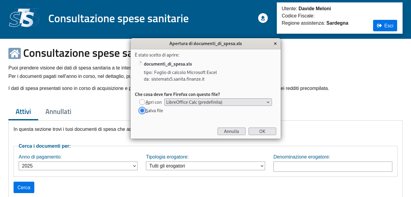 Download del file contenente le spese